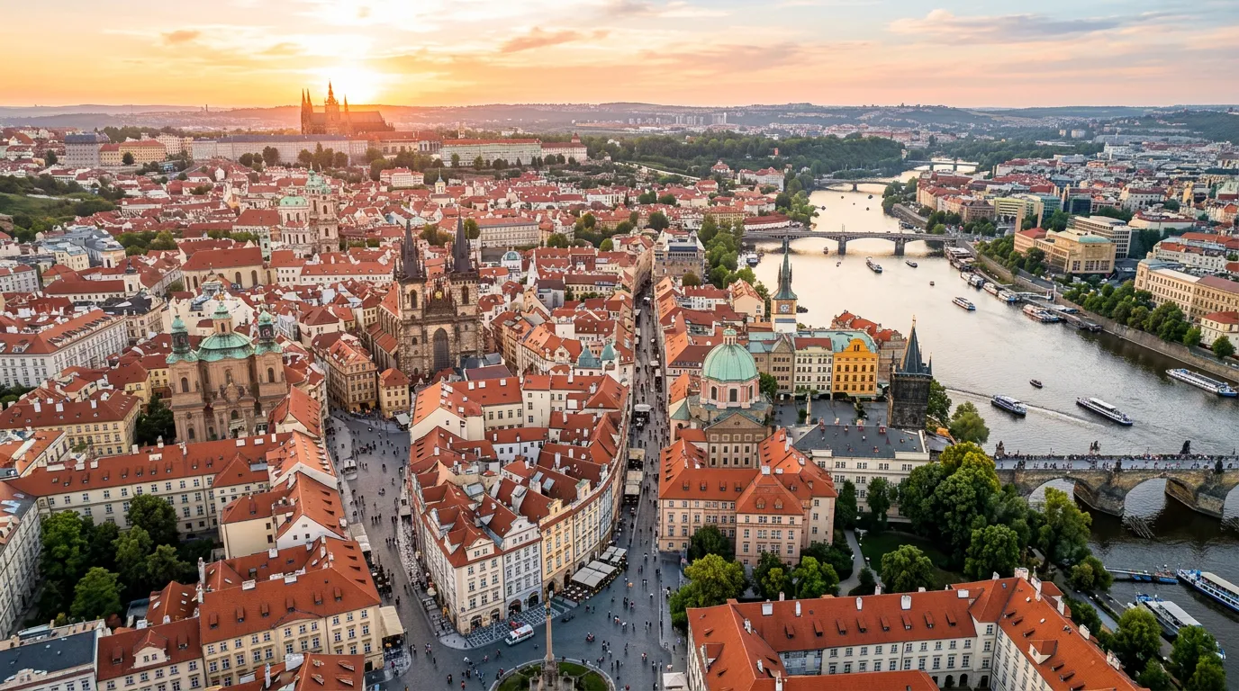 Aerial view of historic city center with mix of medieval buildings, churches, and modern architecture, cobblestone streets, river view, golden hour lighting