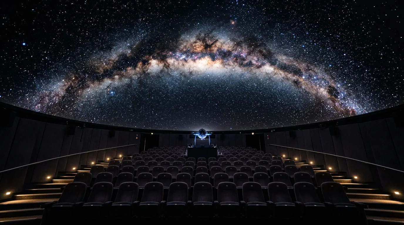 Inside of planetarium dome with stars projected, cosmic display, educational atmosphere, empty lecture hall with seats pointing upward