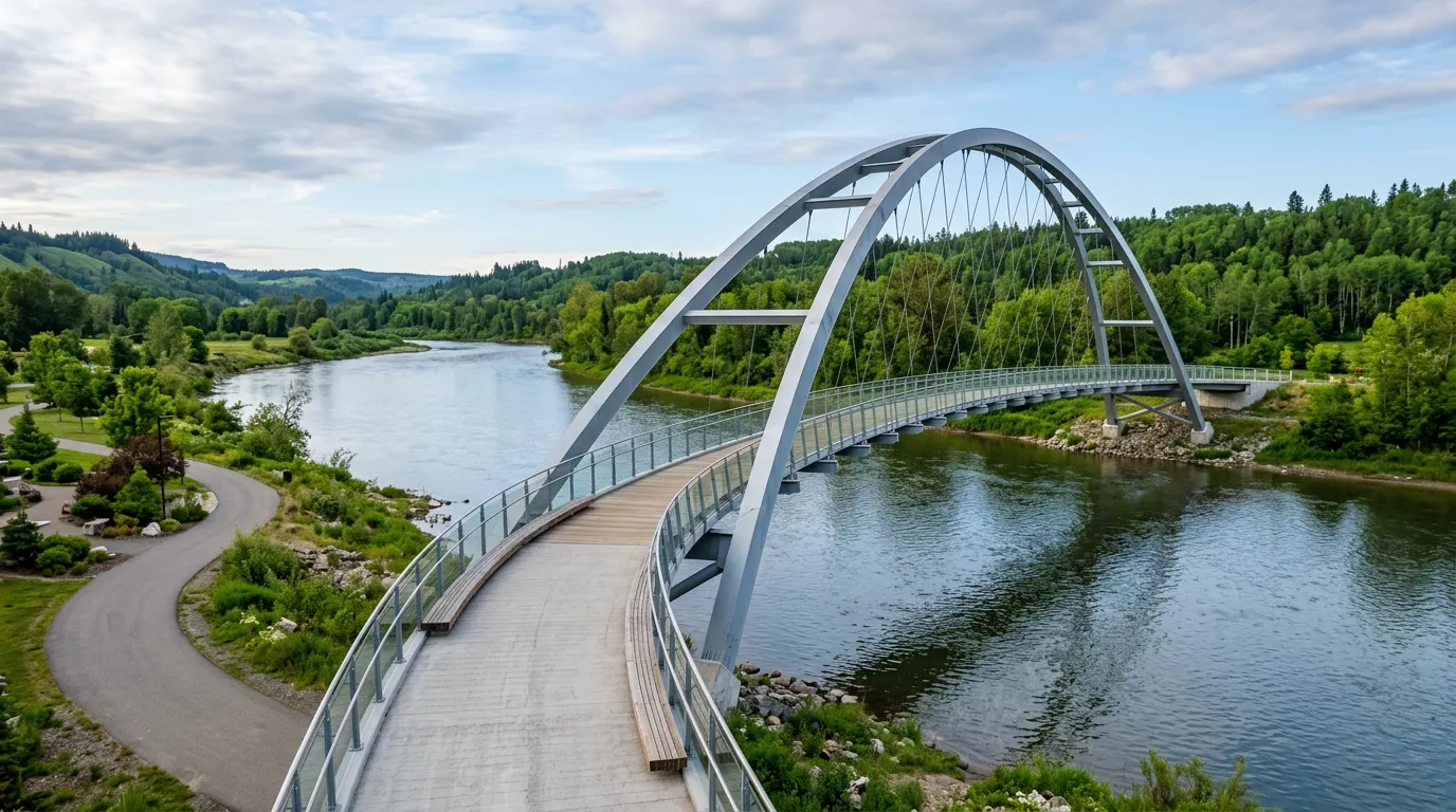 Modern pedestrian bridge over river, elegant arched design, contemporary architecture, river landscape, empty walkway, natural surroundings