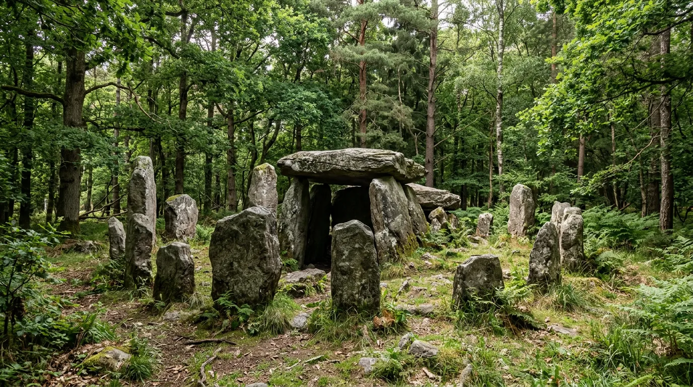 Prehistoric stone grave menhirs in forest clearing, ancient megalithic structure, large stacked stones, woodland setting, archaeological monument