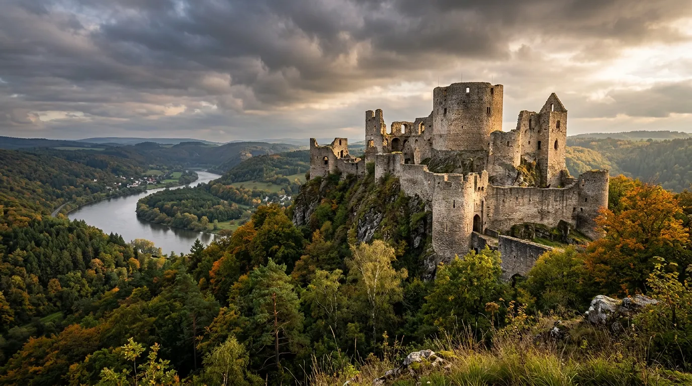 Medieval castle ruins on hillside above river, stone walls and towers, Romanesque architecture, forested surroundings, dramatic lighting