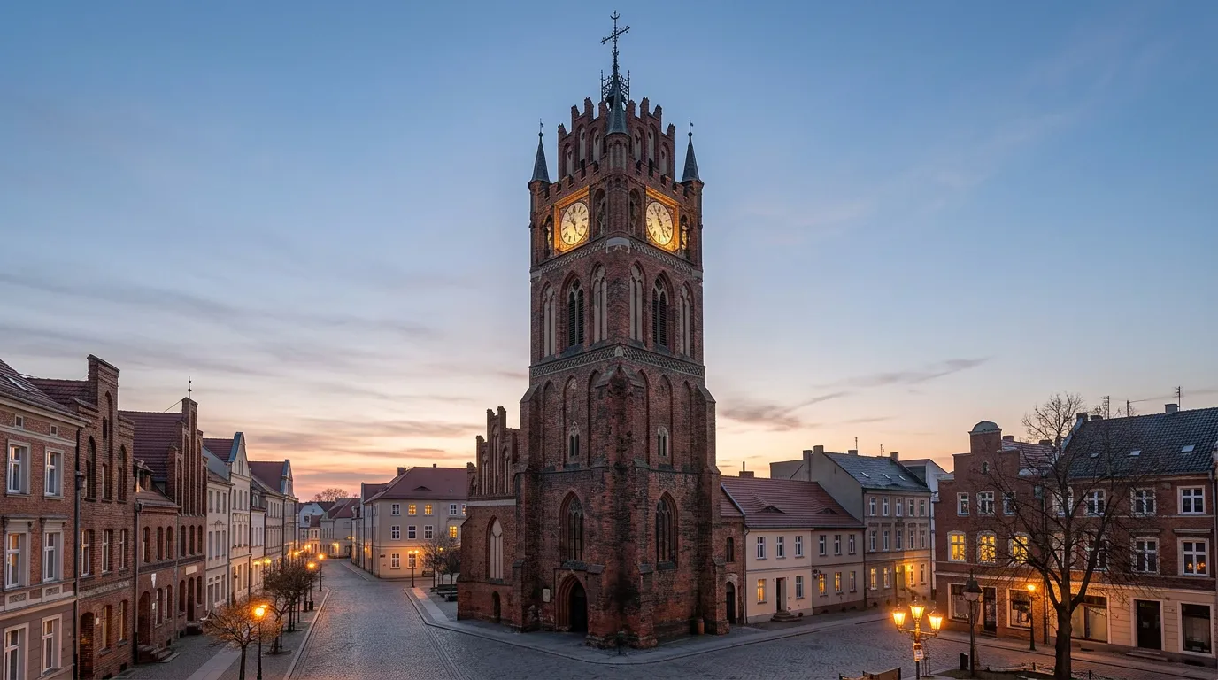 Historic red brick tower with clock faces, gothic tower rising above old town square, buildings at base, evening light, architectural landmark