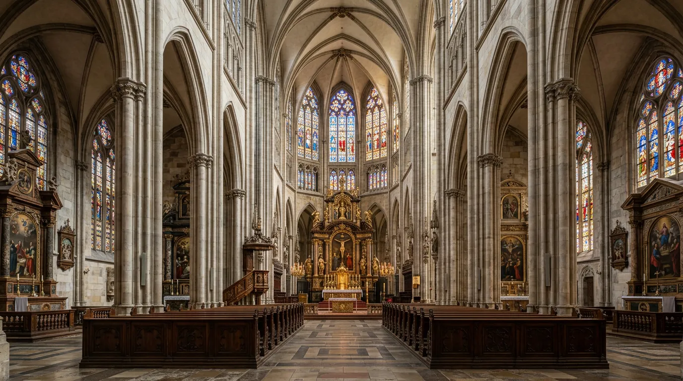 Grand cathedral interior with soaring arches, stained glass windows, ornate decoration, altar in background, gothic and renaissance elements, sacred atmosphere