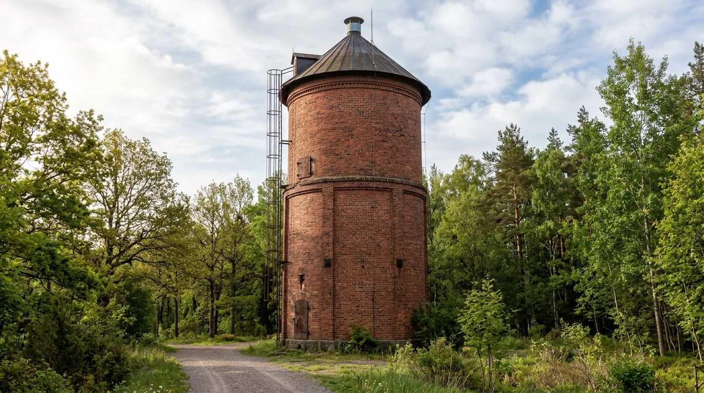 Red brick water tower industrial architecture, cylindrical structure against sky, weathered but well-preserved, surrounded by trees, morning light